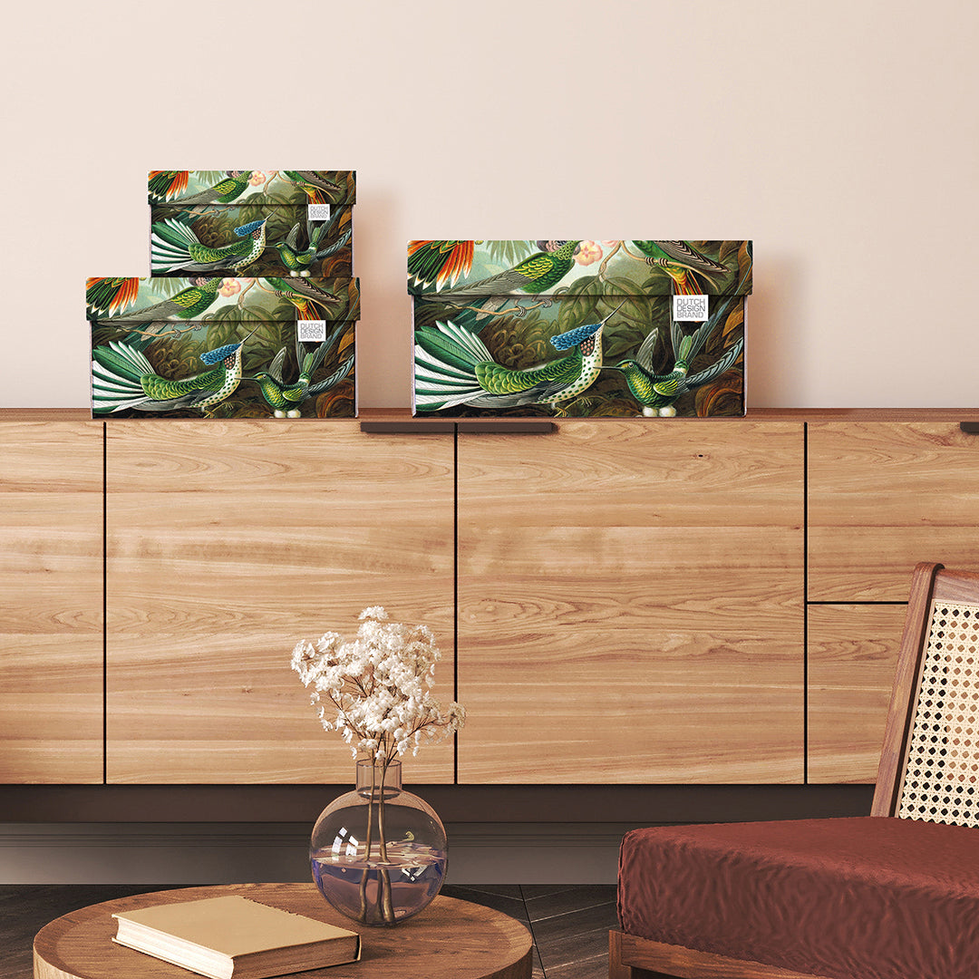 Decorative storage boxes in three sizes with a botanical pattern of plants and hummingbirds.