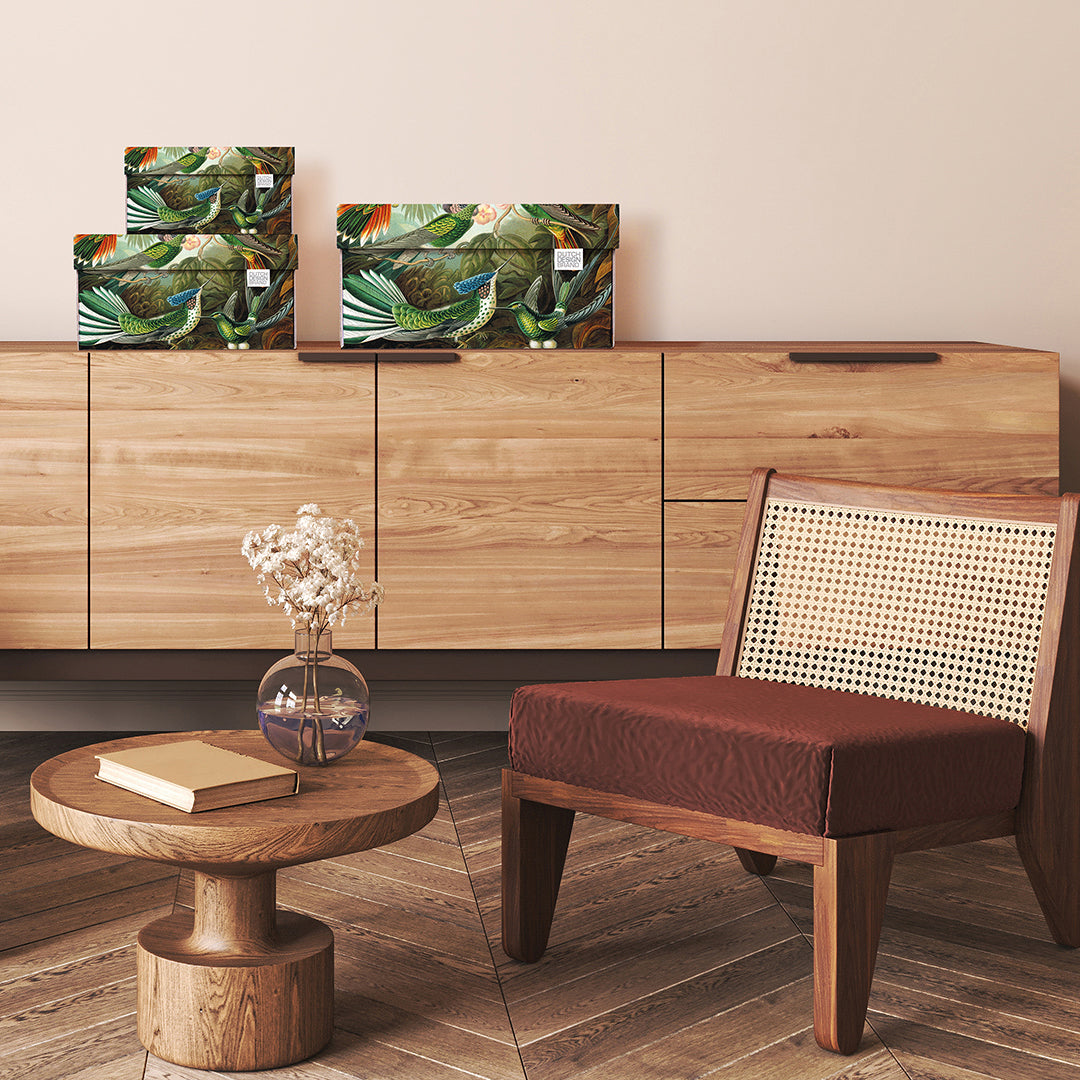 Trois jolies boîtes de rangement aux motifs de plantes tropicales et de colibris de différentes tailles.