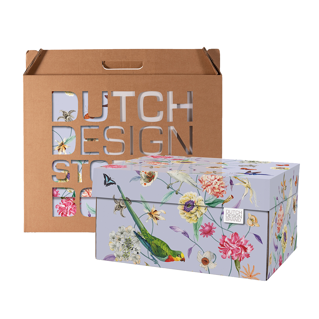 Lila opbergdoos van Dutch Design Brand met kleurrijke bloemen en exotische vogels met stijlvolle kartonnen verpakking.