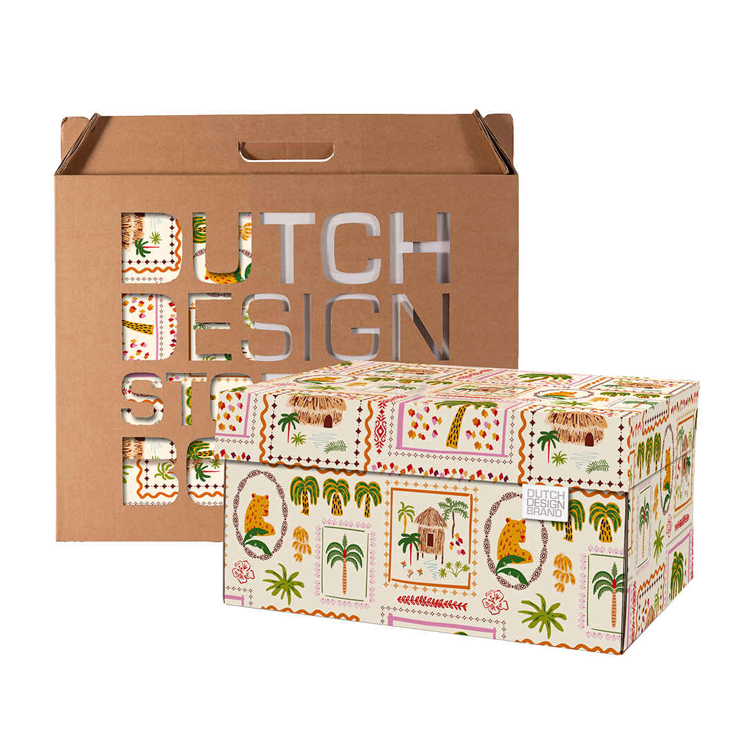 Tropische opbergdoos met illustraties van palmbomen en rieten hutjes.