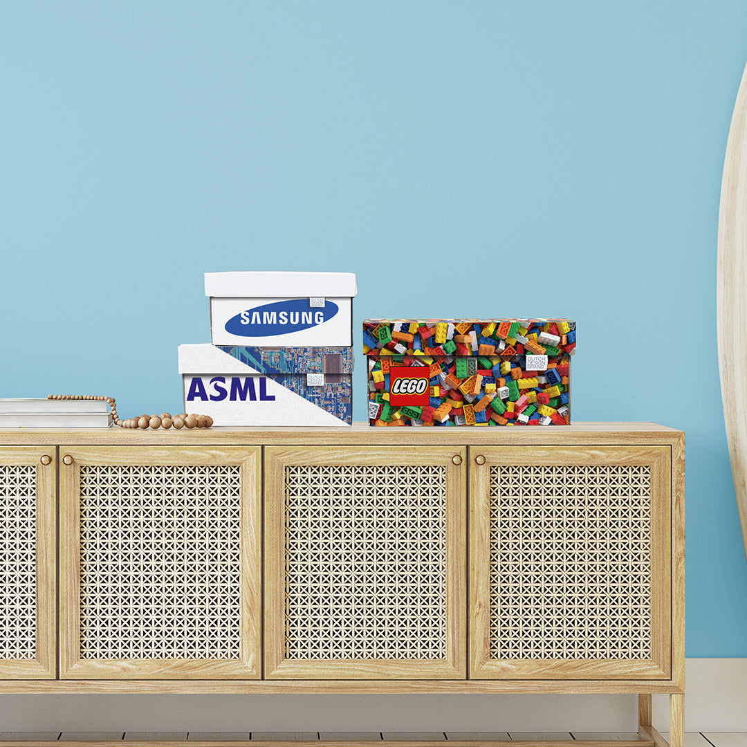 Opbergdozen in drie formaten met verschillende bedrijfslogo's