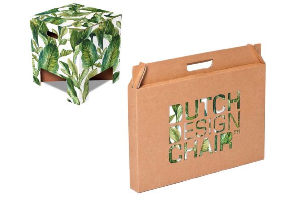 Green Leaves Chair with packaging. the Chair is adorned with large green leaves on a white background.
