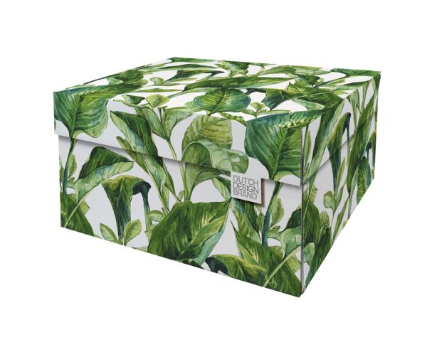 Green Leaves Storage Box. the box is adorned with large green leaves on a white background.