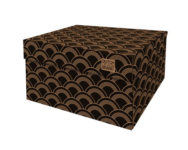 Vinyl Storage Box with a print depicting overlapping vinyl record like shapes in black and gold.