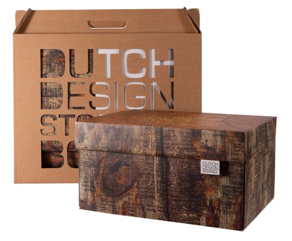Tree Trunk Storage Box which closely resembles a tree trunk. Packaging in the background.