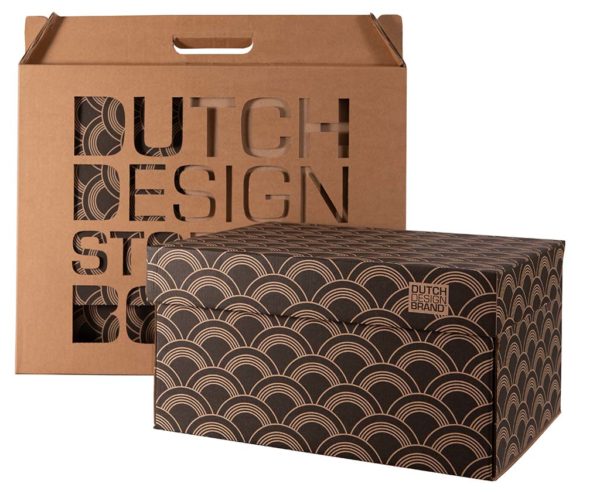 Vinyl Storage Box with a print depicting overlapping vinyl record like shapes in black and gold. Packaging in the background.