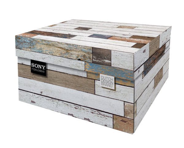 Branded Beachwood Storage Box. Adorned with a driftwood print and a brand label.