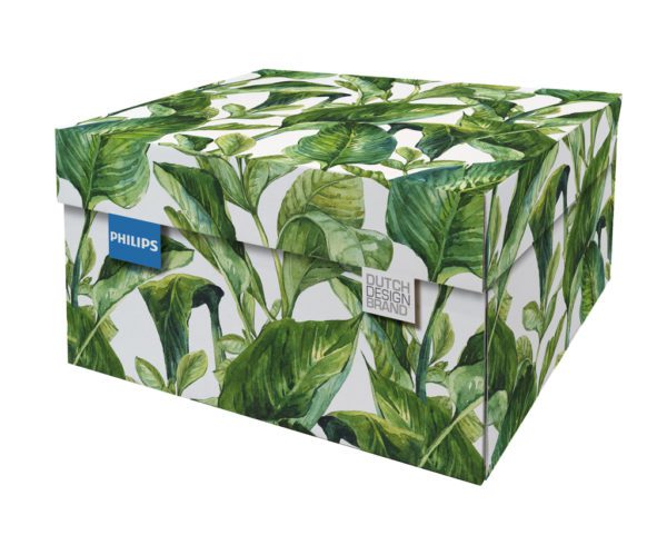 Branded Green Leaves Storage Box. the box is adorned with large green leaves on a white background, a brand label is included.