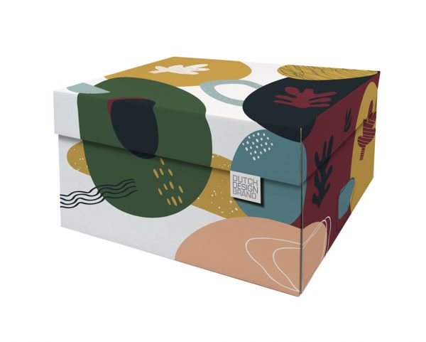 Storage Box Doodles with a cartoony print depicting several different coloured shapes and lines.