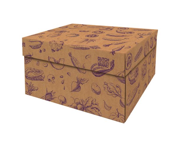 Vegetables Storage Box decorated with purple drawings of various vegetables on a plain cardboard background.