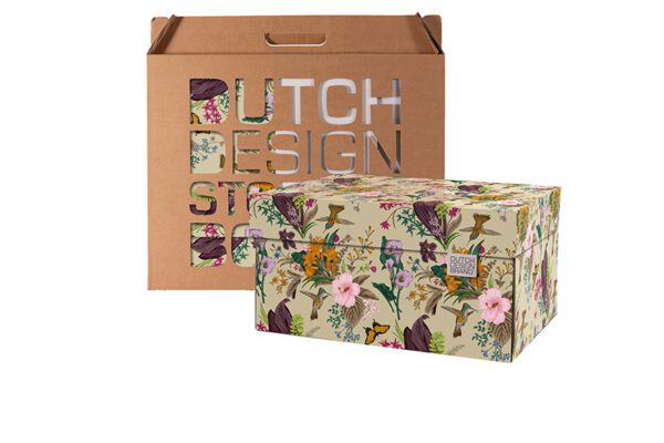 Botanical Flowers Storage Box with packaging. The print depicts flower arrangements and birds in front of a cream-green backdrop.