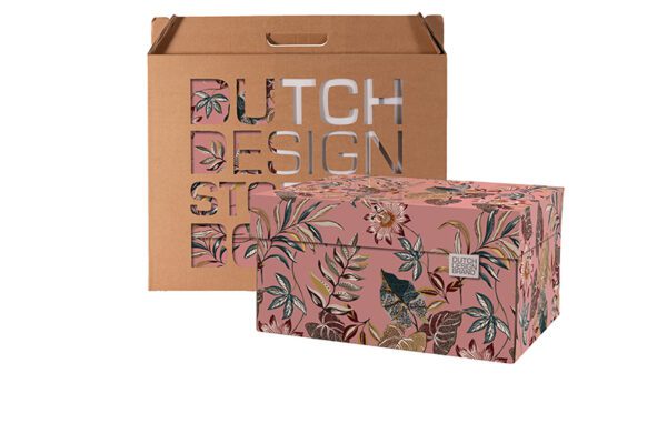 Floral Garden Storage Box is a pink box adorned with various colourful leaves and flowers. Packaging in the background.