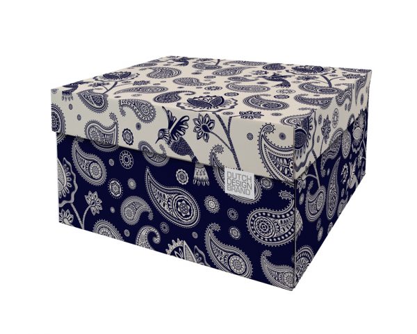 Paisley Storage Box. The box is adorned with a Paisley motif. The lid of the box has a white background whilst the box itself has a dark blue background.