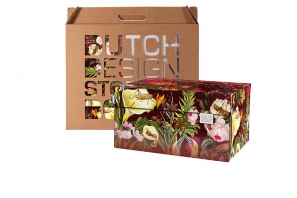 Triptic Storage Box is decorated with colourful plants with some insects scattered about. Packaging in the background.