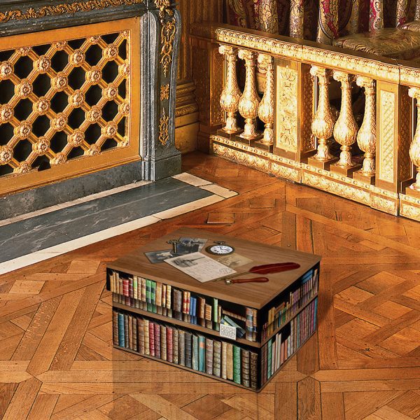 Books Storage Box. The print resembles a bookcase filled with vintage books.