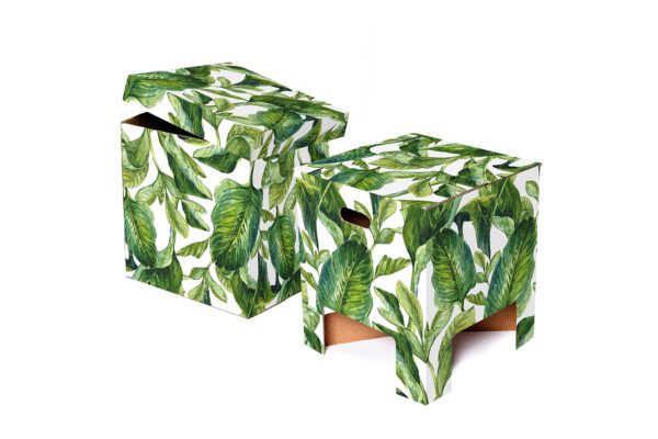 Two Green Leaves Chairs, one in chair form, the other in box form. the Chairs are adorned with large green leaves on a white background.