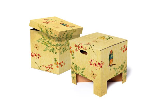 Two Japanese Blossom Chairs with a bamboo and cherry blossom print on a faded parchment background. In both box and chair form.