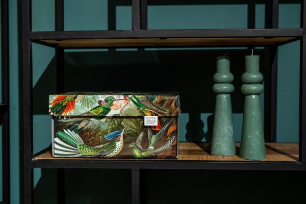 Art of Nature Storage Box. The box is decorated with a print depicting hummingbirds and greenery.