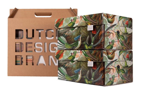 Two Art of Nature Storage Boxes with packaging. The box is decorated with a print depicting hummingbirds and greenery.