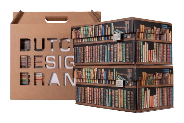 Books Storage Box with packaging. The print resembles a bookcase filled with vintage books.