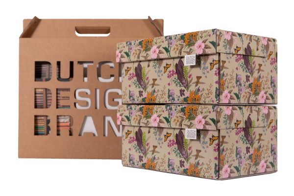 Botanical Flowers Storage Box with packaging. The print depicts flower arrangements and birds in front of a cream-green backdrop.