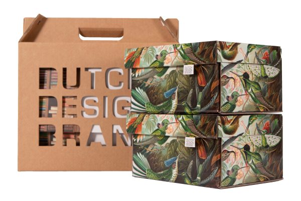 Two Art of Nature Storage Boxes with packaging. The box is decorated with a print depicting hummingbirds and greenery.