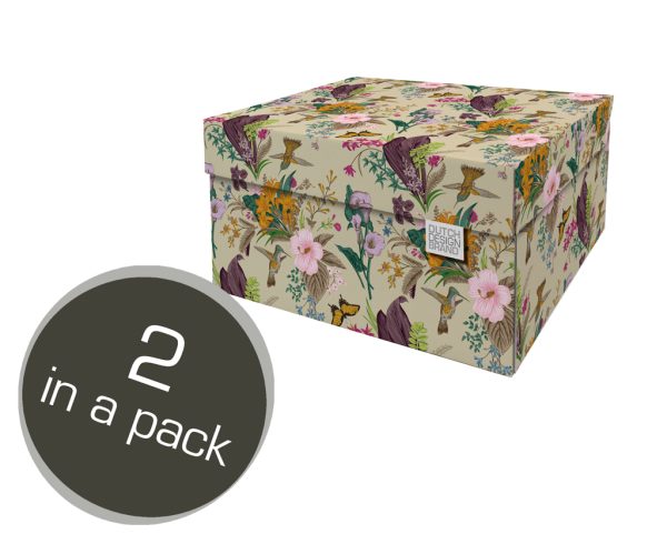 Botanical Flowers Storage Box. The print depicts flower arrangements and birds in front of a cream-green backdrop. Two in a pack.
