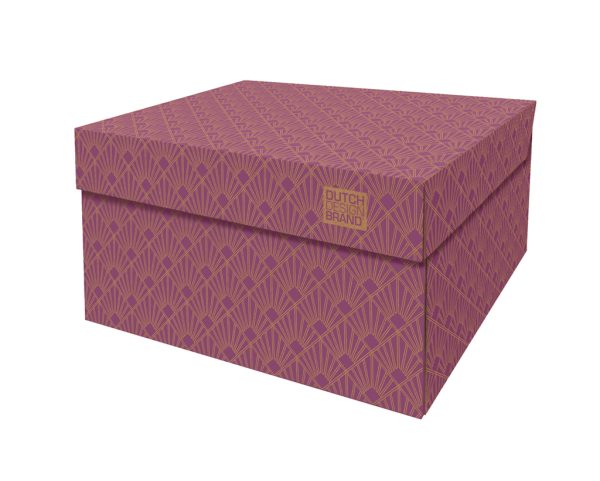 Storage Box Art Deco Velvet Violet. The box is decorated with a 20s geometric Art Deco print in violet and gold.