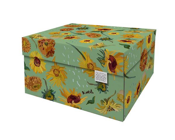 Sunflowers by Vincent Storage Box is a light green box decorated with sunflowers.