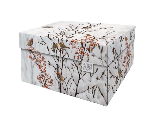 Winter Robins Storage Box decorated with snowy branches, robins perched on top of them.