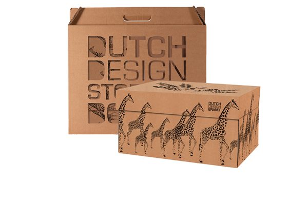 Giraffes Storage Box Classic with packaging. The box depicts giraffes in black on a plain cardboard background.