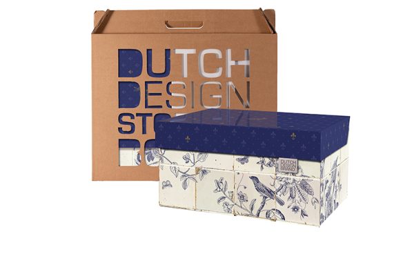 Royal Dutch Storage Box with packaging. The box depicts delft blue tiles.