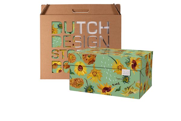 Sunflowers by Vincent Storage Box with packaging. The box is a light green and decorated with sunflowers.