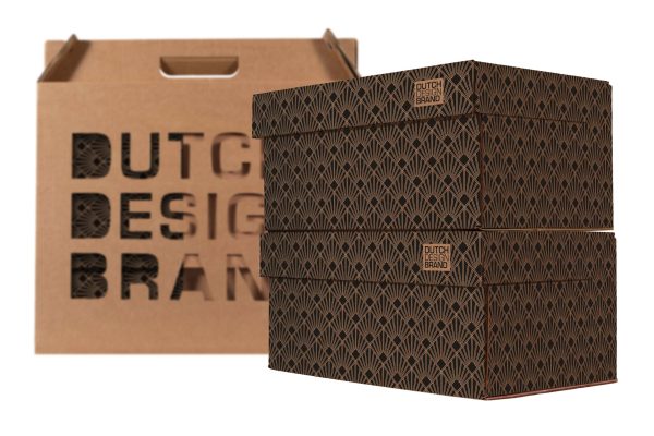 two Storage Boxes Art Deco Night Sky with packaging. The box is decorated with a 20s geometric Art Deco print in black and gold.