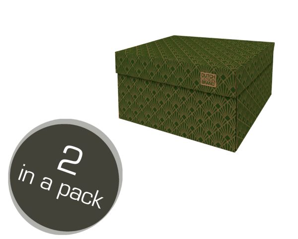 Storage Box Art Deco Green Velvet. The box is decorated with a 20s geometric Art Deco print in green and gold. Two in a pack.