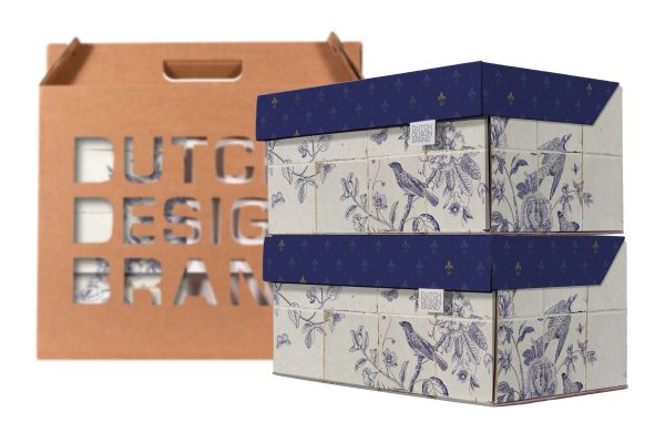 Royal Dutch Storage Box with packaging. The box depicts delft blue tiles.