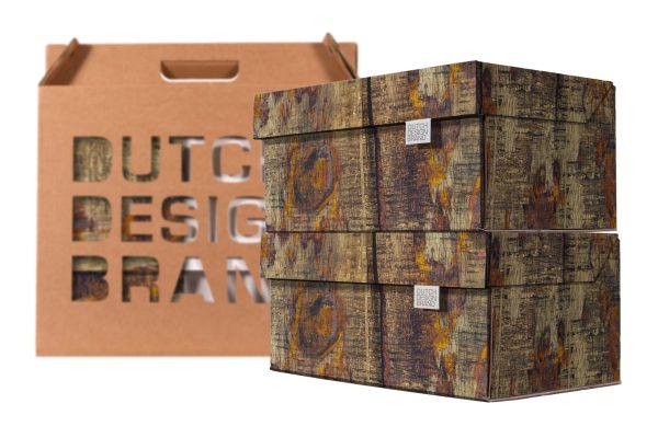 Tree Trunk Storage Box which closely resembles a tree trunk. Packaging in the background.