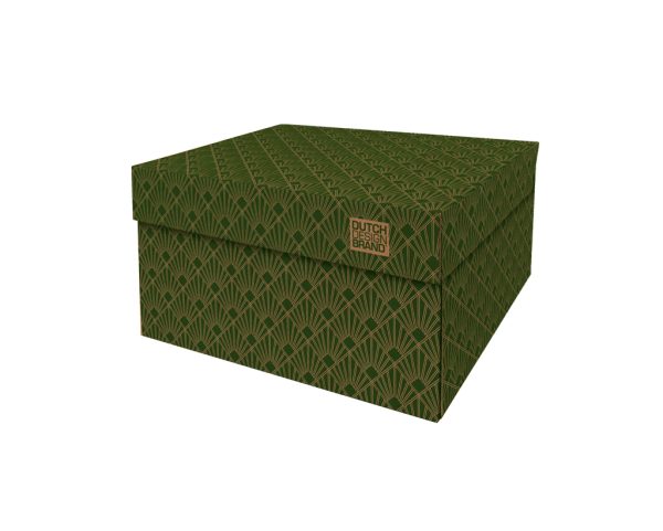 Storage Box Art Deco Green Velvet. The box is decorated with a 20s geometric Art Deco print in green and gold.