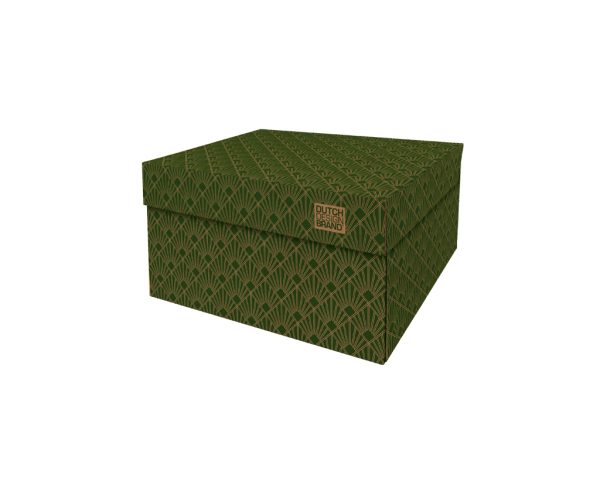 Storage Box Art Deco Green Velvet. The box is decorated with a 20s geometric Art Deco print in green and gold.
