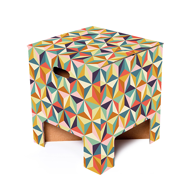 Back to the 60s Chair. The chair is decorated with several colourful geometric shapes.