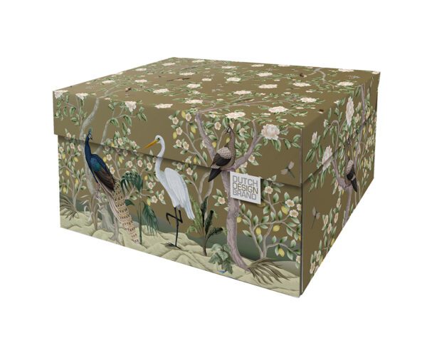 A storage box adorned with the Golden Paradise design, showcasing a variety of birds such as a peacock and a white heron amidst lush flora and fauna on a gold background. The box is detailed with illustrations of blooming white flowers, lemon fruits, and dragonflies.