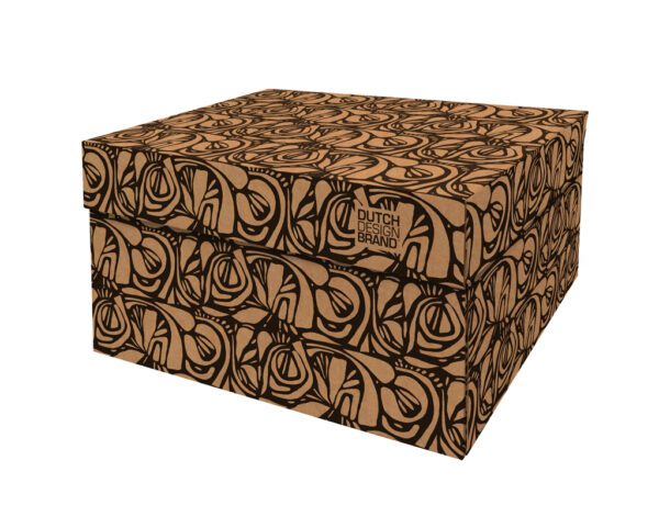 A storage box with a black organic roots pattern printed on brown cardboard, labeled 'Dutch Design Brand.'