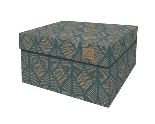 a closed Cordoba Petrol box adorned with a geometric diamond pattern in teal and gold hues. The box has a prominent label that states "DUTCH DESIGN BRAND" in bold, capital letters. The background is white, highlighting the box's design.